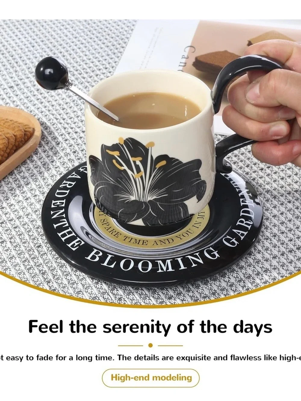 Ceramic Coffee Cup & Saucer Set - Black Floral, Three-Piece